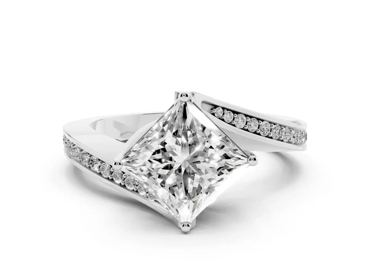 Princess Cut Solitaire Diamond Twist Band with Pavé Setting and Four-Prong Setting Silver