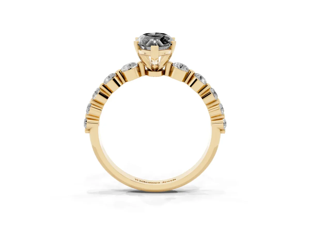 Fancy Black Marquise Cut Solitaire Diamond Ring with Pave Band and Four-Prong Setting Yellow gold