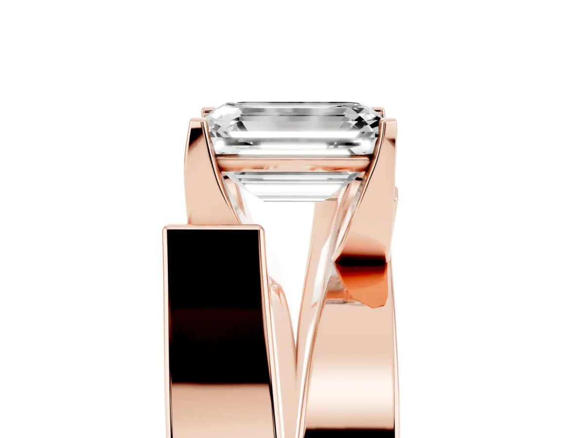 Modern Tension Set Emerald Cut Diamond Solitaire Wide Band Ring Rose gold