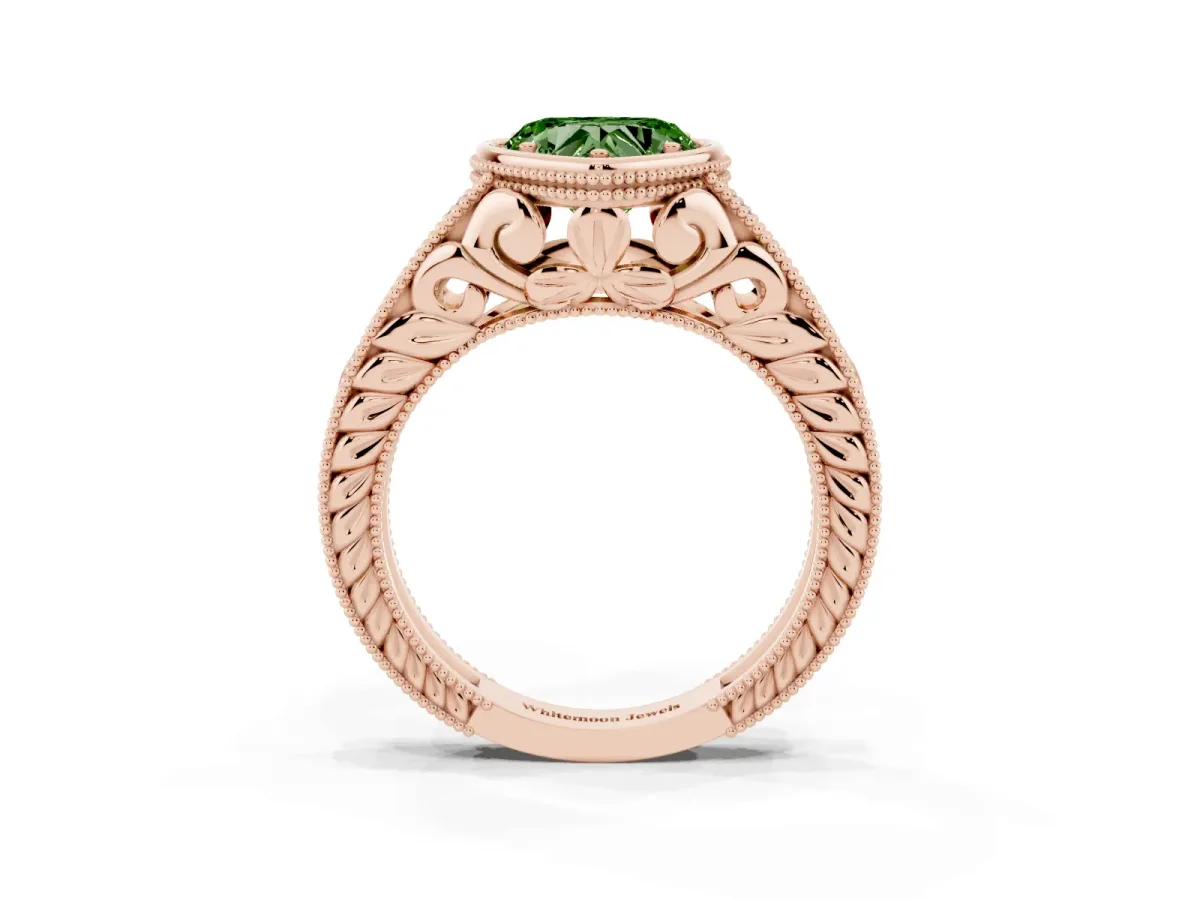 Fancy Green Bezel Set Heart Cut Diamond Milgrain Pave Engagement Ring Rose gold