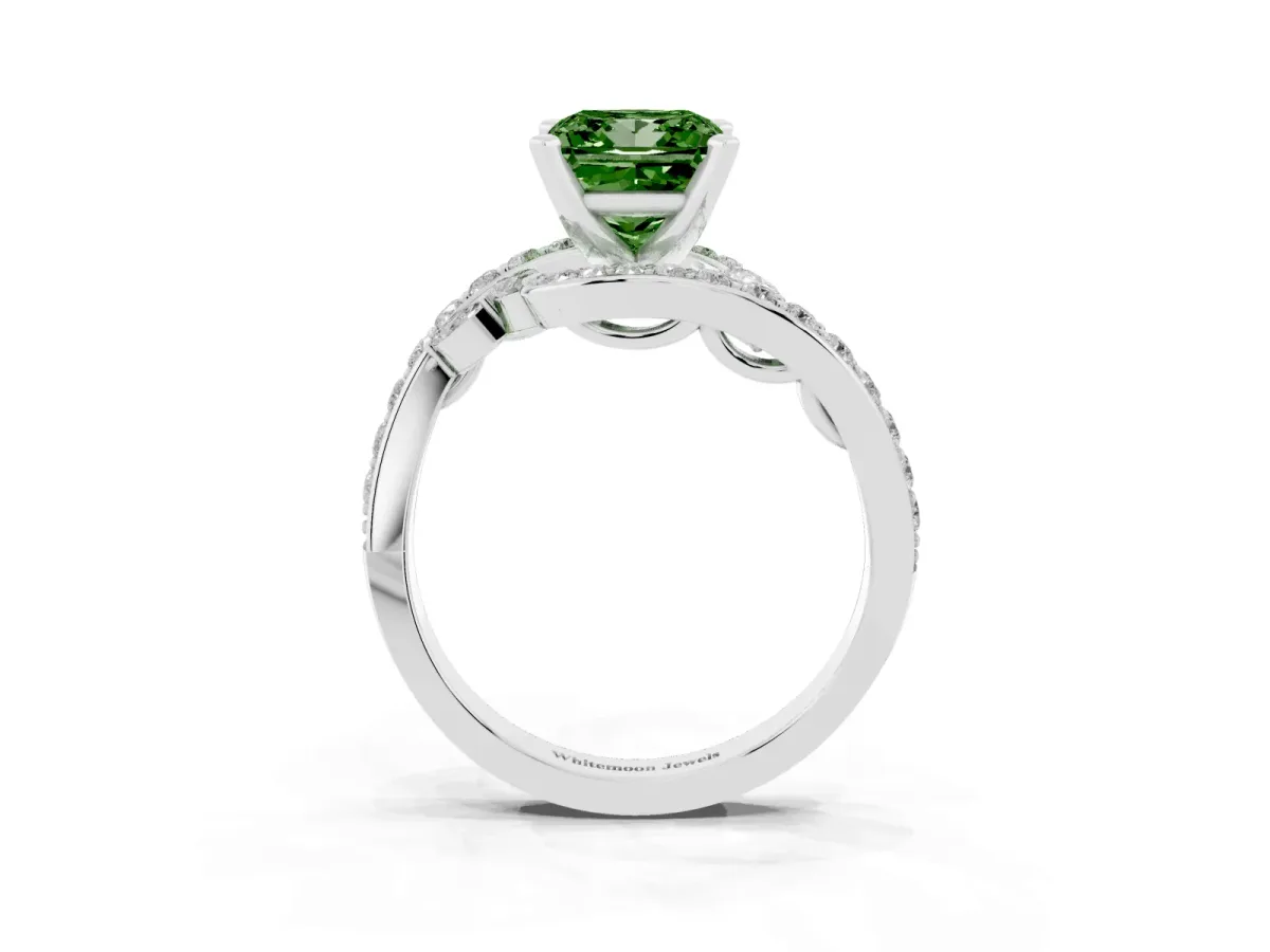 Fancy Green Princess Cut Solitaire with Pavé Twist Band and Four-Prong Setting Platinum