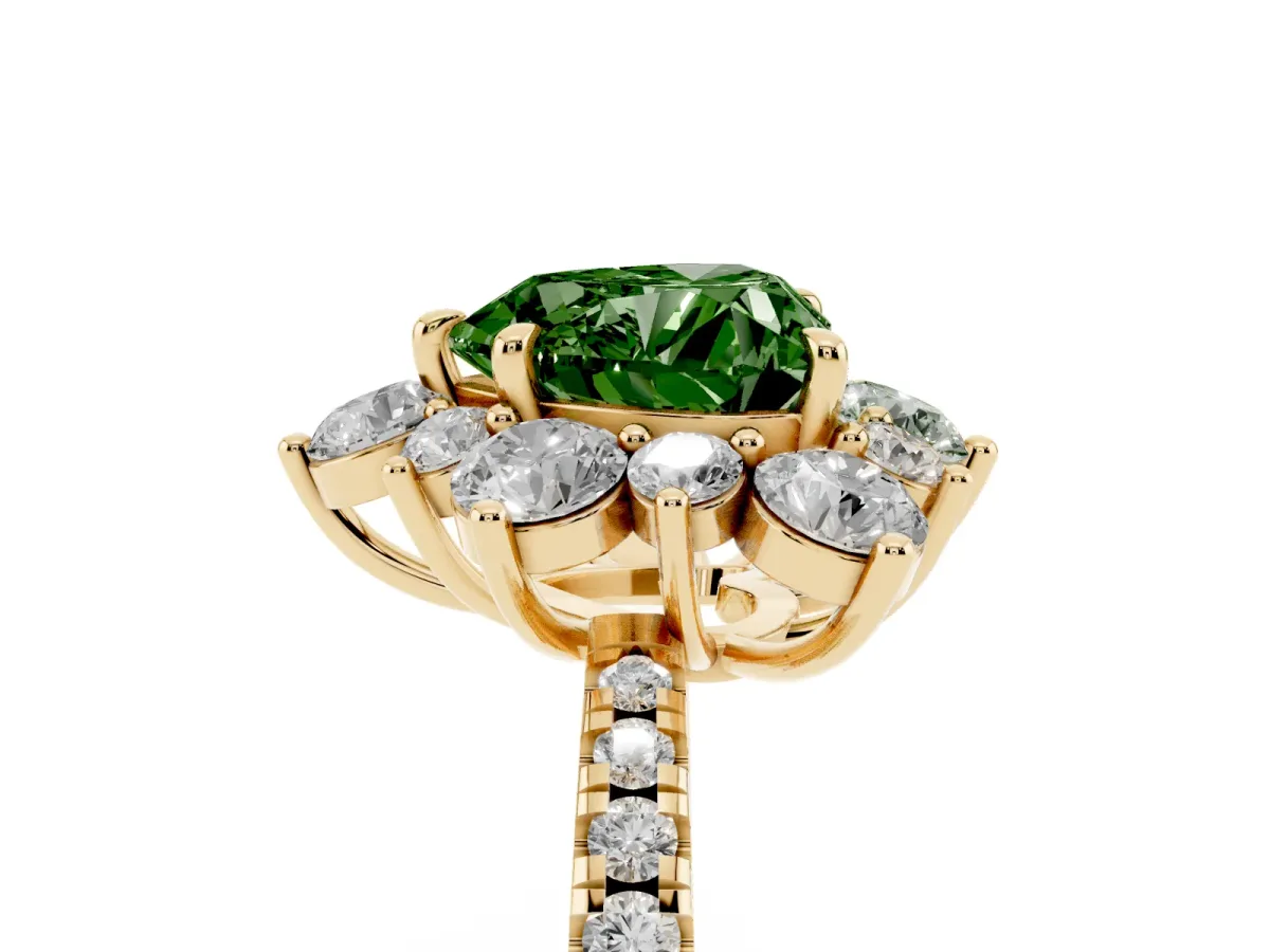 Fancy Green Heart Cut Diamond Floral Halo Ring with Round Pavé Band and Prong Setting Yellow gold