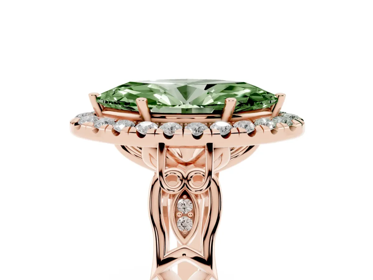 Fancy Green Marquise Cut Halo Diamond Engagement Ring with Filigree Band and Four-Prong Setting Rose gold