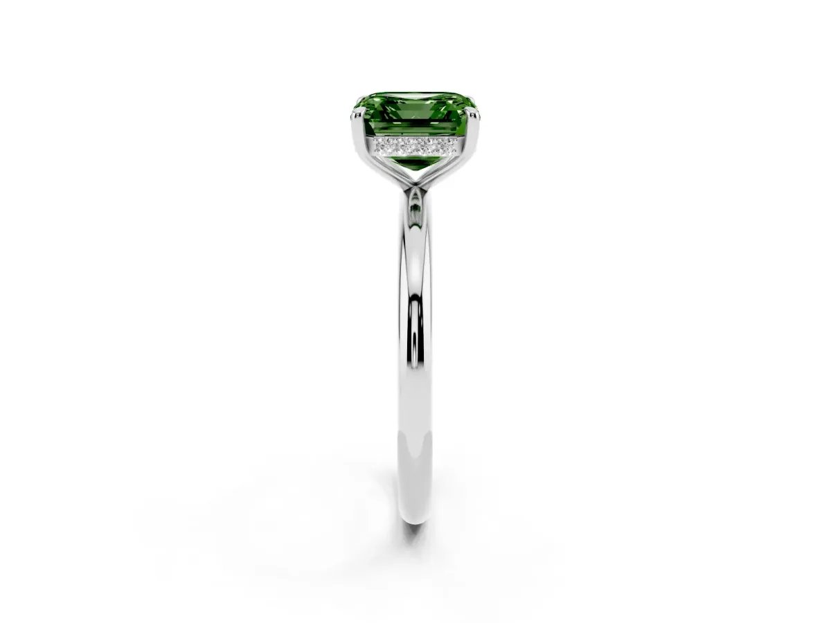 Fancy Green Asscher Cut Diamond Solitaire Ring with Thin Band and Four-Prong Setting Silver