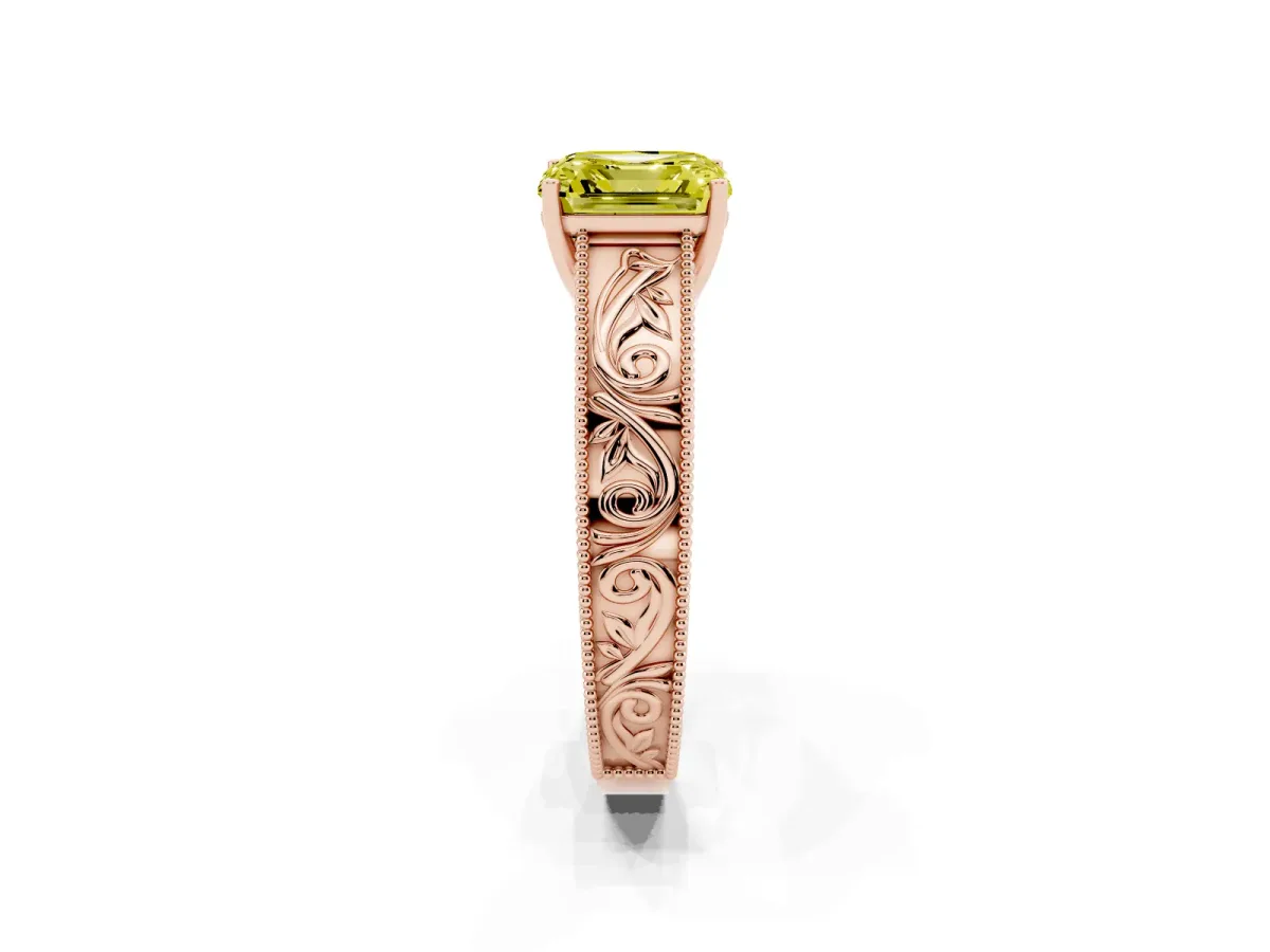 Fancy Yellow Asscher Cut Diamond Solitaire Ring with Engraved Band and Four-Prong Setting Rose gold