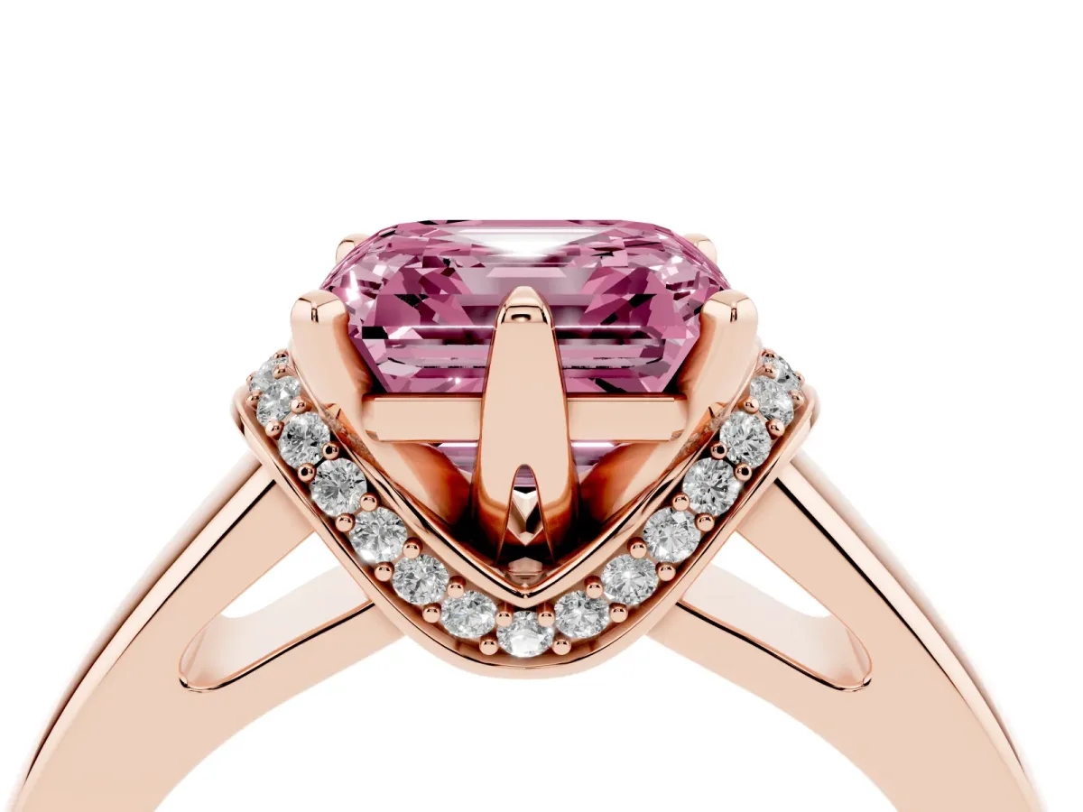 Fancy Pink Asscher Cut Solitaire Diamond Ring with Pave Band and Six-Prong Setting Rose gold