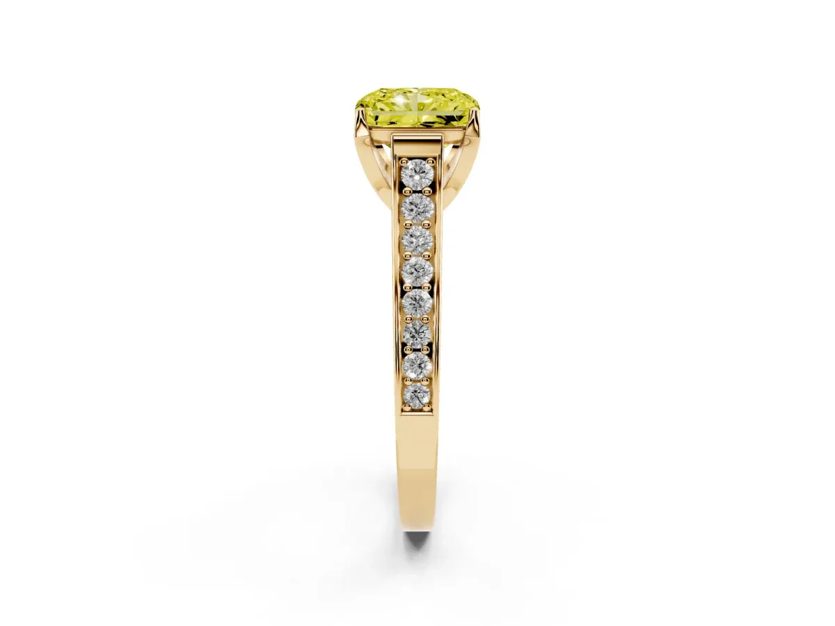 Fancy Yellow Radiant Cut Brilliant Cut Diamond Engagement Ring with Pavé Band and Four-Prong Setting Yellow gold