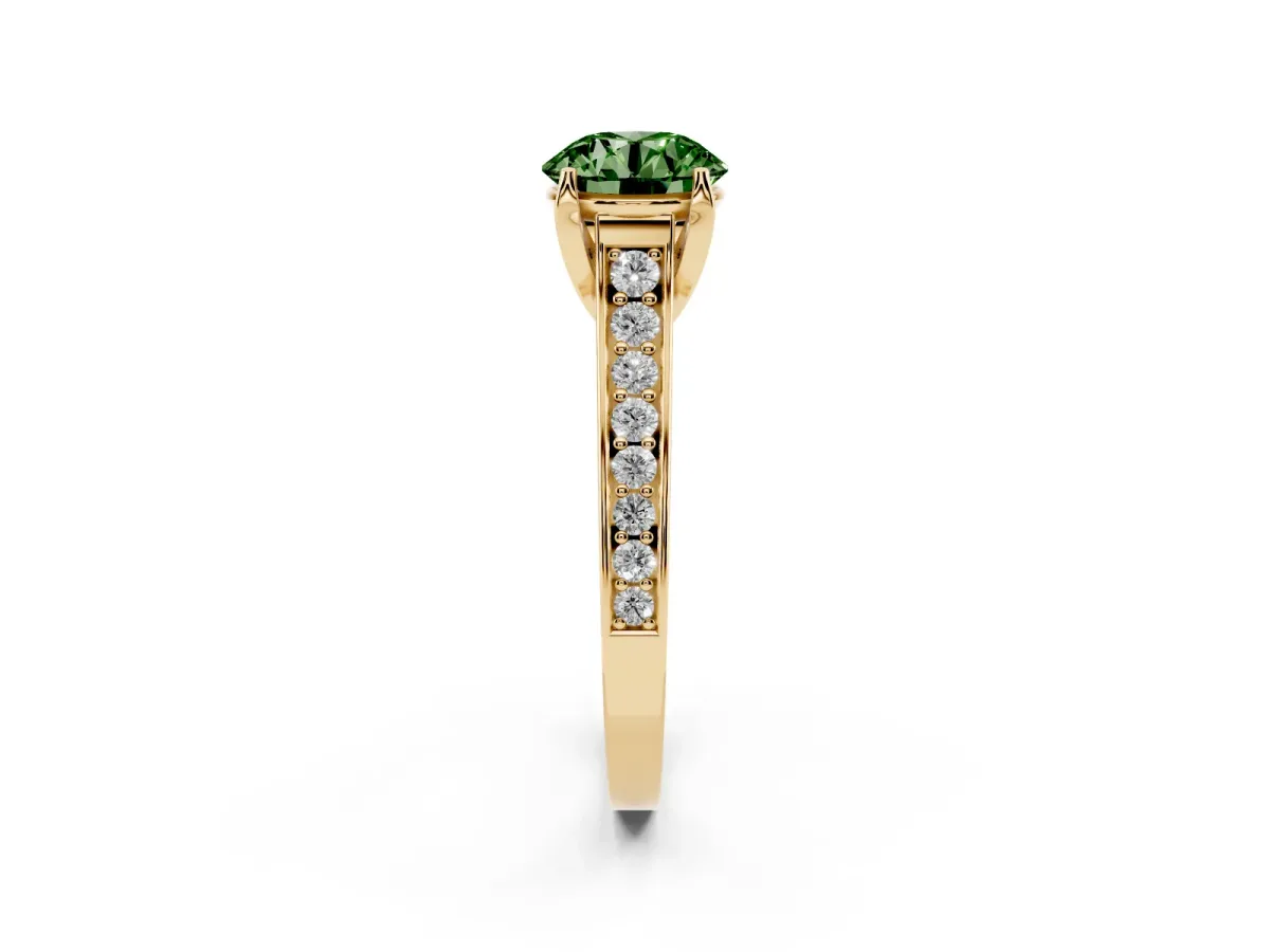 Fancy Green Round Cut Brilliant Cut Diamond Engagement Ring with Pavé Band and Four-Prong Setting Yellow gold