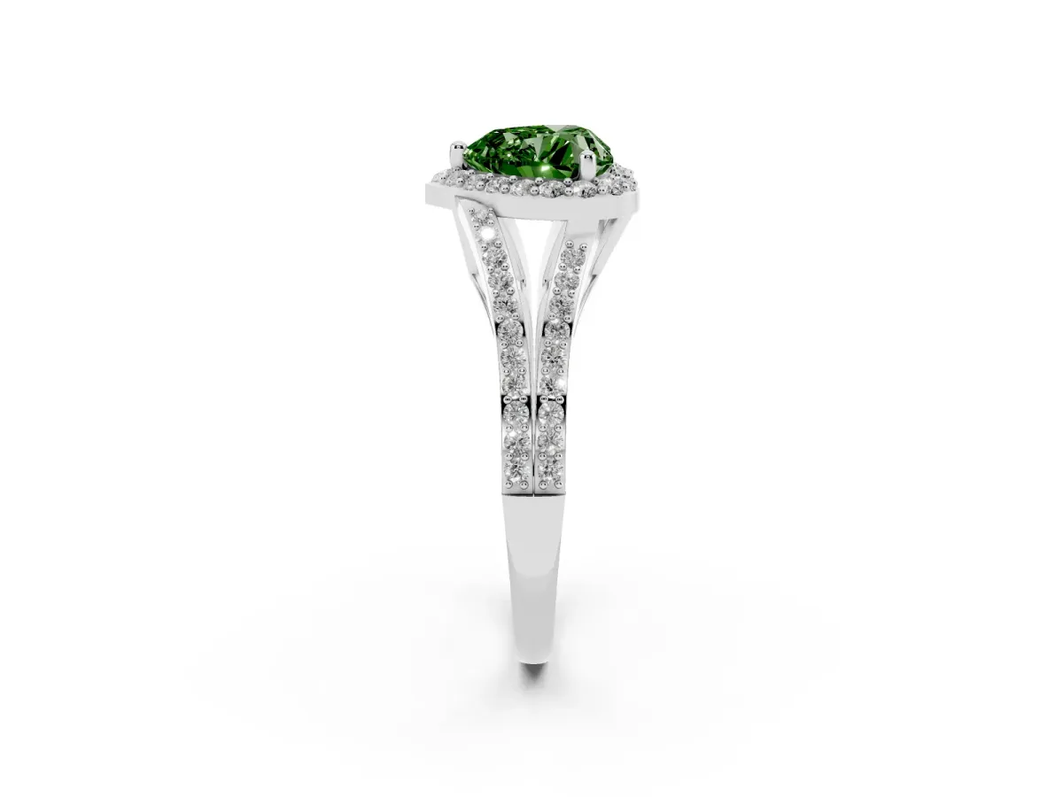 Fancy Green Heart Cut Halo Split Shank Pave Diamond Ring with Four-Prong Setting Platinum