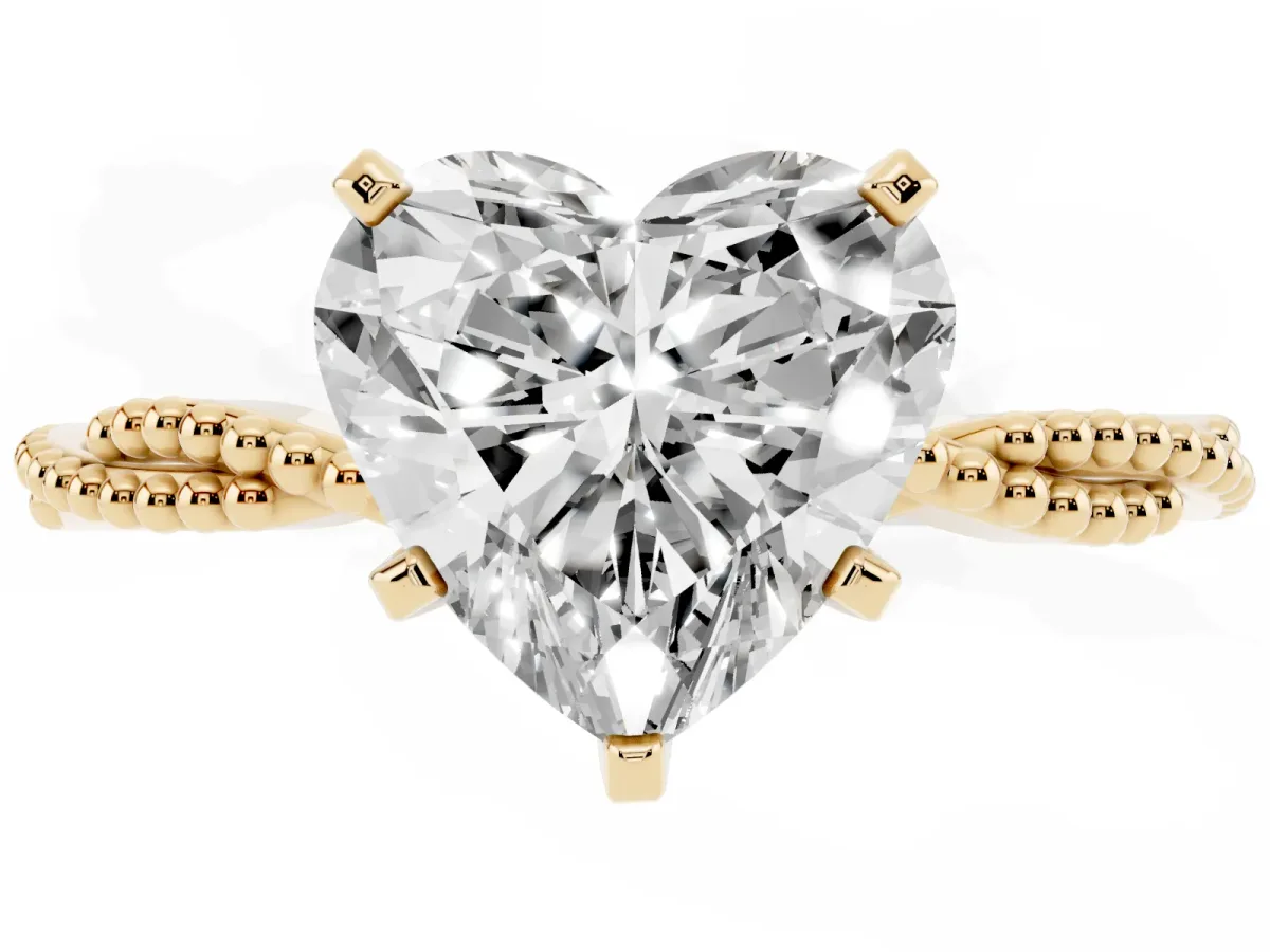 Heart Cut Solitaire Twisted Band with Bead Prong Setting Yellow gold