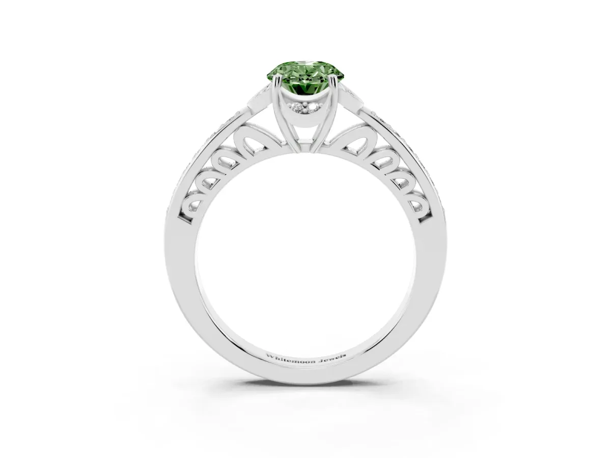 Fancy Green Oval Cut Cut Halo Diamond Ring with Channel Set Band and Four-Prong Setting White gold