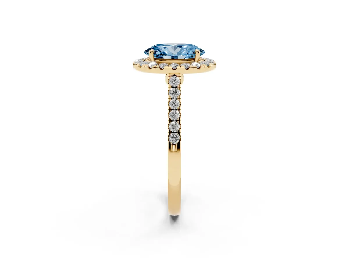Fancy Blue Oval Cut Halo Pave Diamond Engagement Ring with Four-Prong Setting Yellow gold