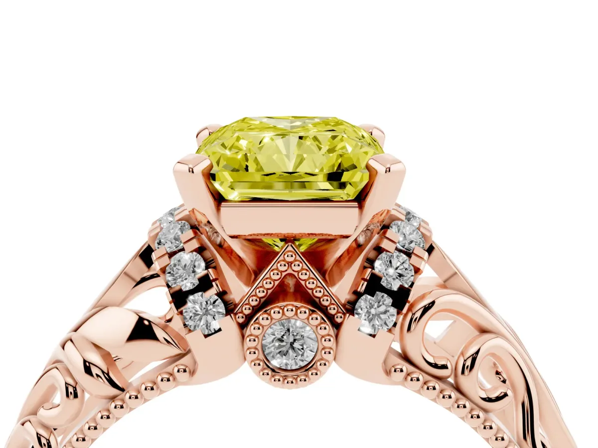 Fancy Yellow Radiant Cut Solitaire Filigree Engagement Ring with Halo and Prong Setting Rose gold