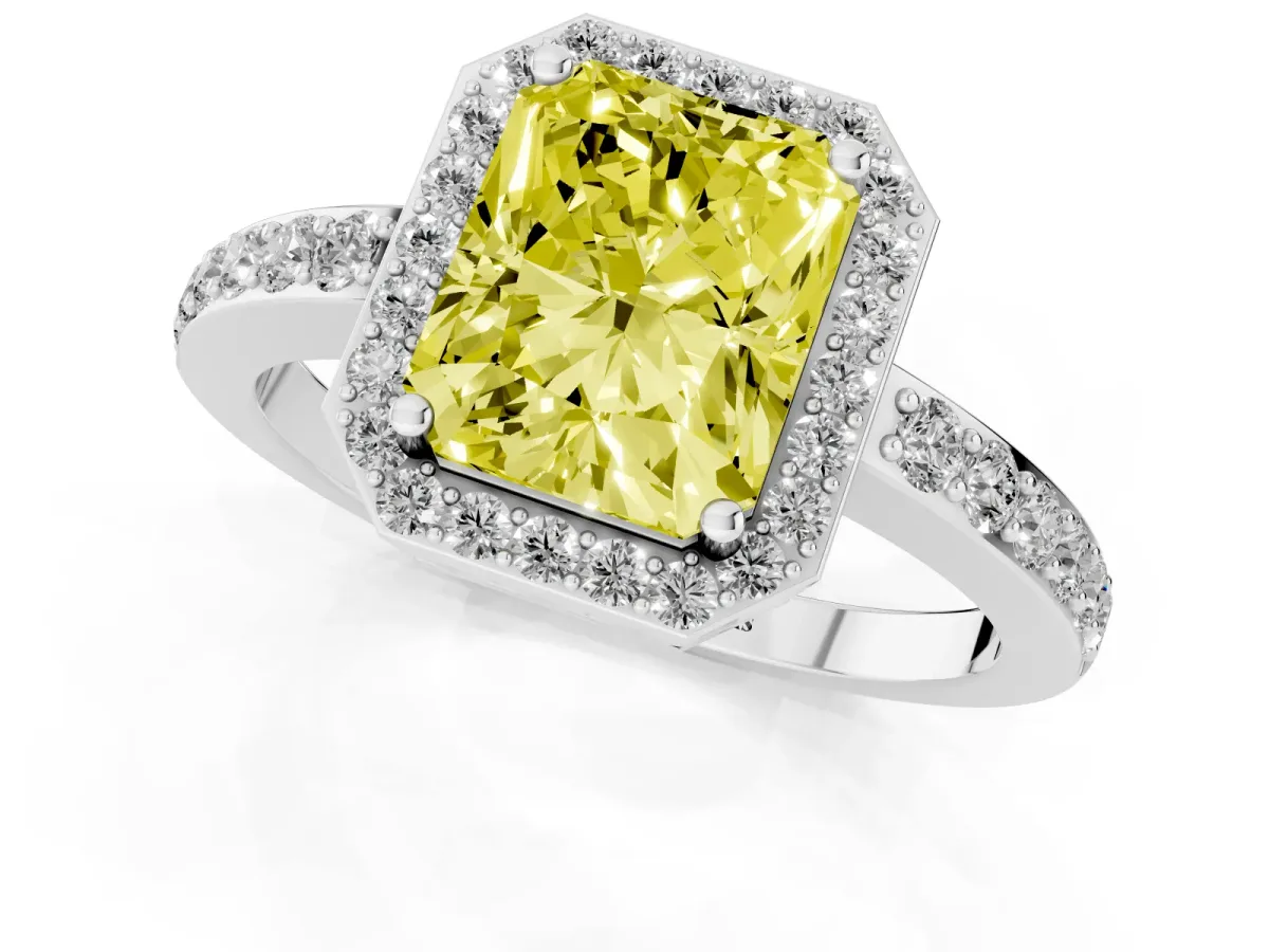 Fancy Yellow Radiant Cut Halo Diamond Pavé Band Ring with Prong Setting Platinum