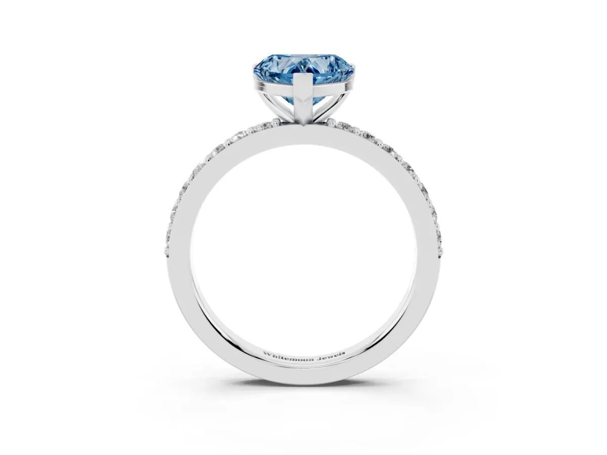 Fancy Blue Heart Cut Cut Diamond Solitaire with Pave Band and Four-Prong Setting Silver