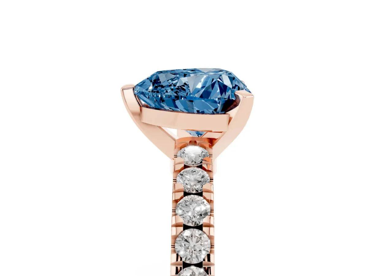 Fancy Blue Heart Cut Solitaire Diamond with Pavé Band and Four-Prong Setting Rose gold