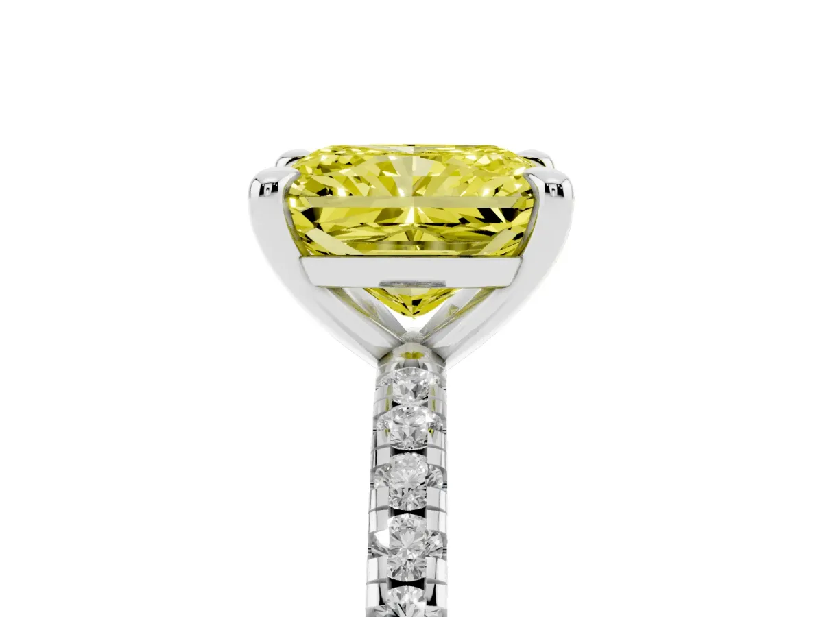 Fancy Yellow Radiant Cut Diamond Brilliant Solitaire Ring with Pavé Band and Four-Prong Setting Silver