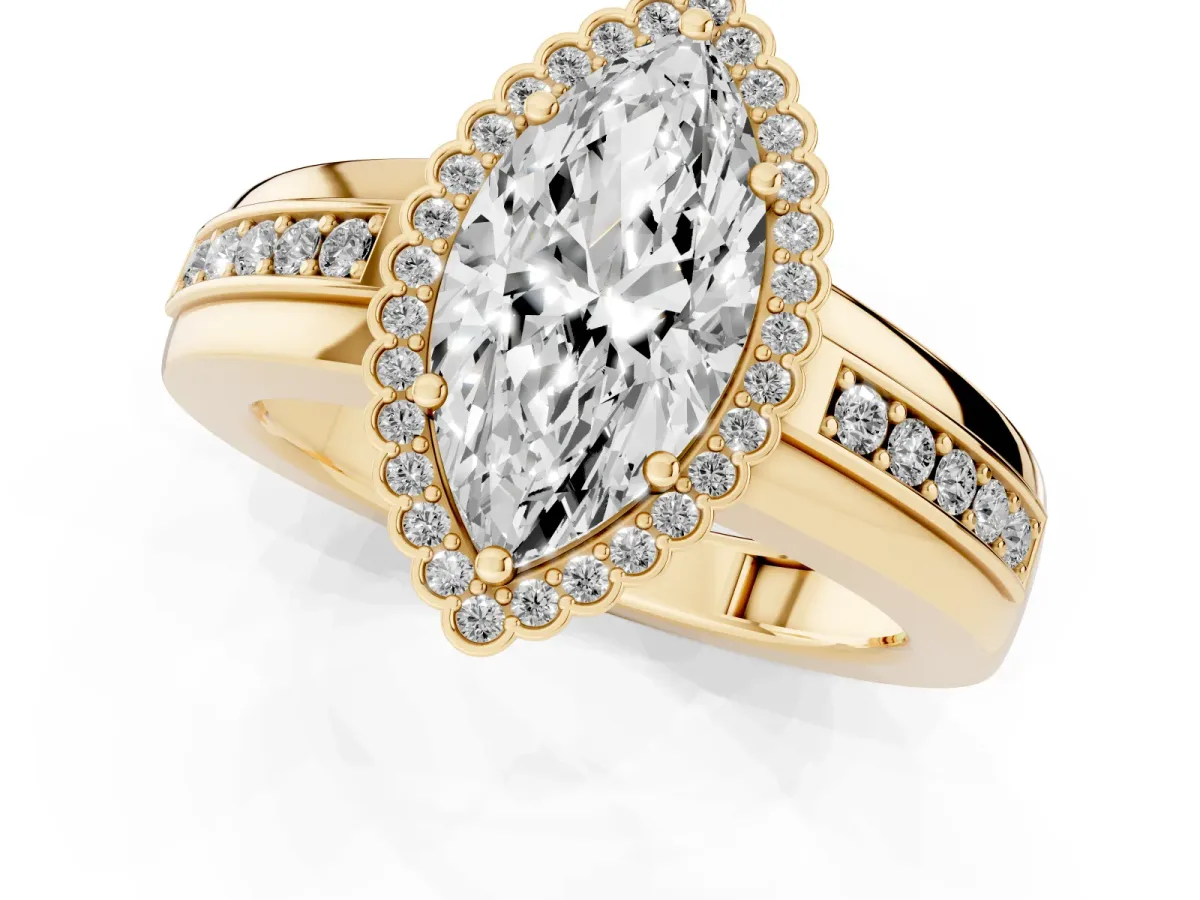 Marquise Cut Cut Halo Pave Band Four-Prong Ring Yellow gold