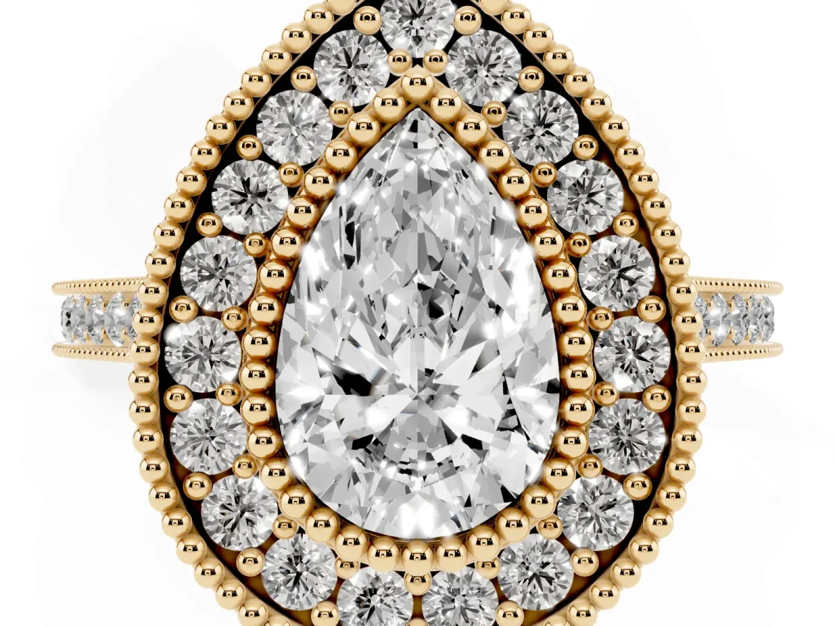 Pear Cut Diamond Halo Ring with Milgrain Frame and Pavé Band Yellow gold