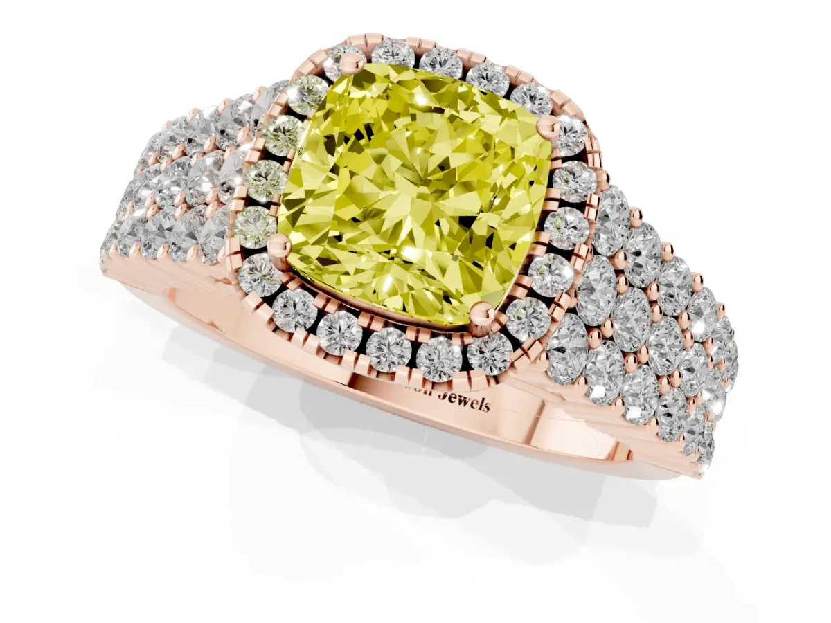 Fancy Yellow Cushion Cut Diamond Halo Engagement Ring with Triple Row Round Pavé Band and Prong Setting Rose gold