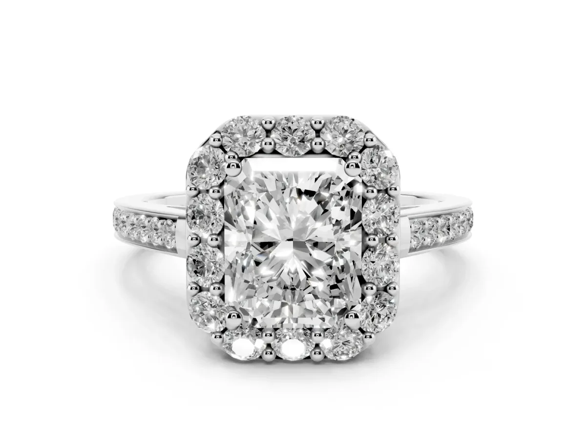 Radiant Cut Diamond Floral Halo Ring with Pavé Band and Prong Setting Silver
