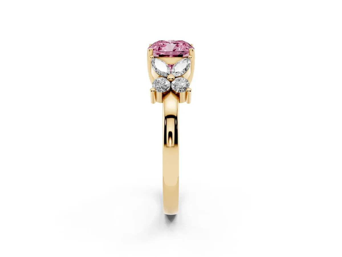 Fancy Pink Cushion Cut Diamond Floral Cluster Ring with Solitaire Band and Prong Setting Yellow gold