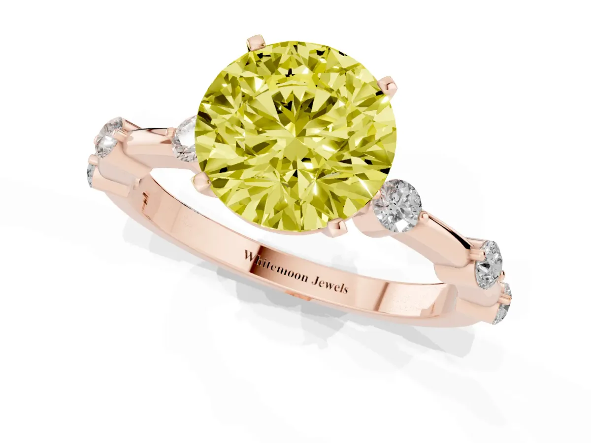 Fancy Yellow Round Cut Solitaire Diamond Ring with Bezel Set Side Stones and Prong Setting Rose gold