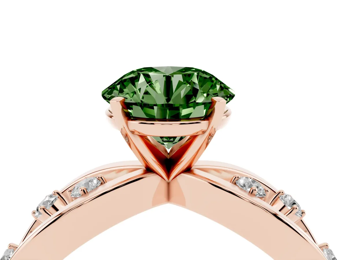 Fancy Green Round Cut Cut Solitaire Diamond with Side Stones on Criss-Cross Band and Four-Prong Setting Rose gold