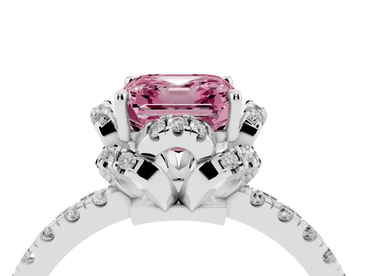 Fancy Pink Asscher Cut Halo Diamond Pave Band Ring with Four-Prong Setting Silver