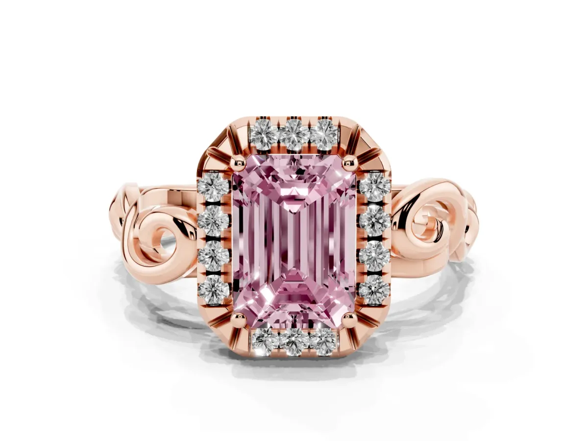 Fancy Pink Emerald Cut Cut Halo Diamond Ring with Scrollwork Band and Four-Prong Setting Rose gold