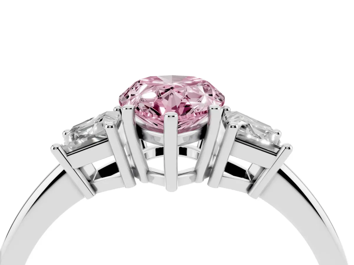 Fancy Pink Pear Cut Diamond Three-Stone Ring with Trapezoid Side Stones and Prong Setting Platinum