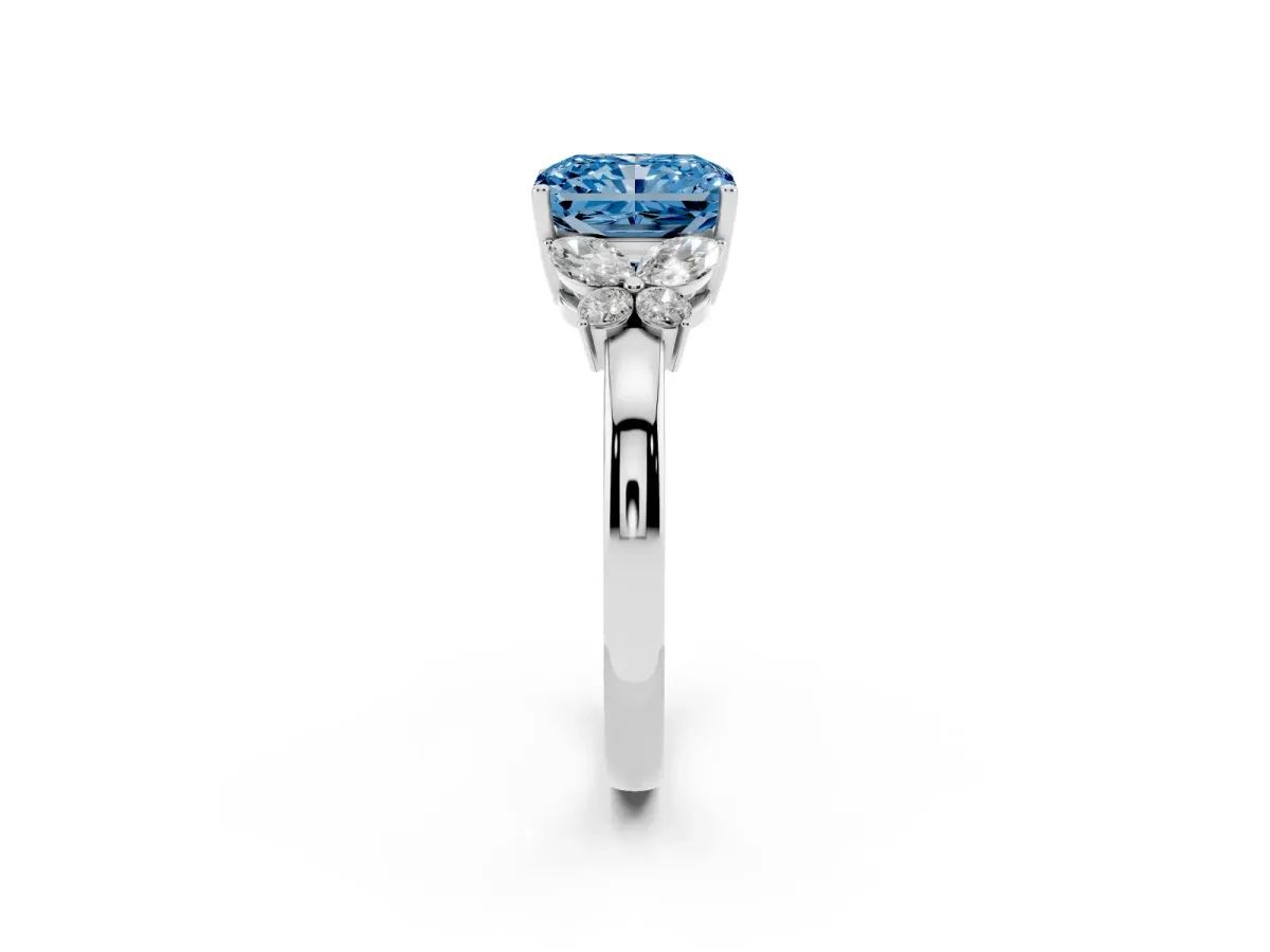 Fancy Blue Radiant Cut Cut Solitaire Floral Diamond Ring with Four-Prong Setting Silver