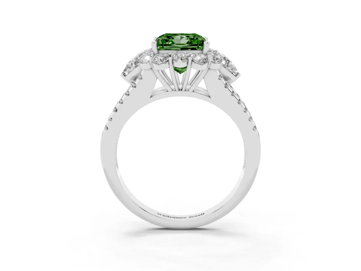 Fancy Green Princess Cut Halo Split Shank Diamond Engagement Ring with Prong Setting Silver