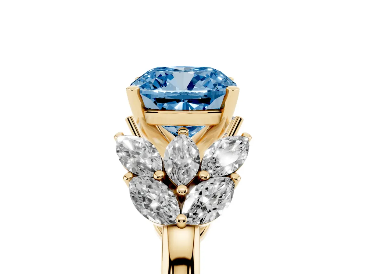 Fancy Blue Cushion Cut Diamond Cluster Leaf Design Ring with Prong Setting Yellow gold