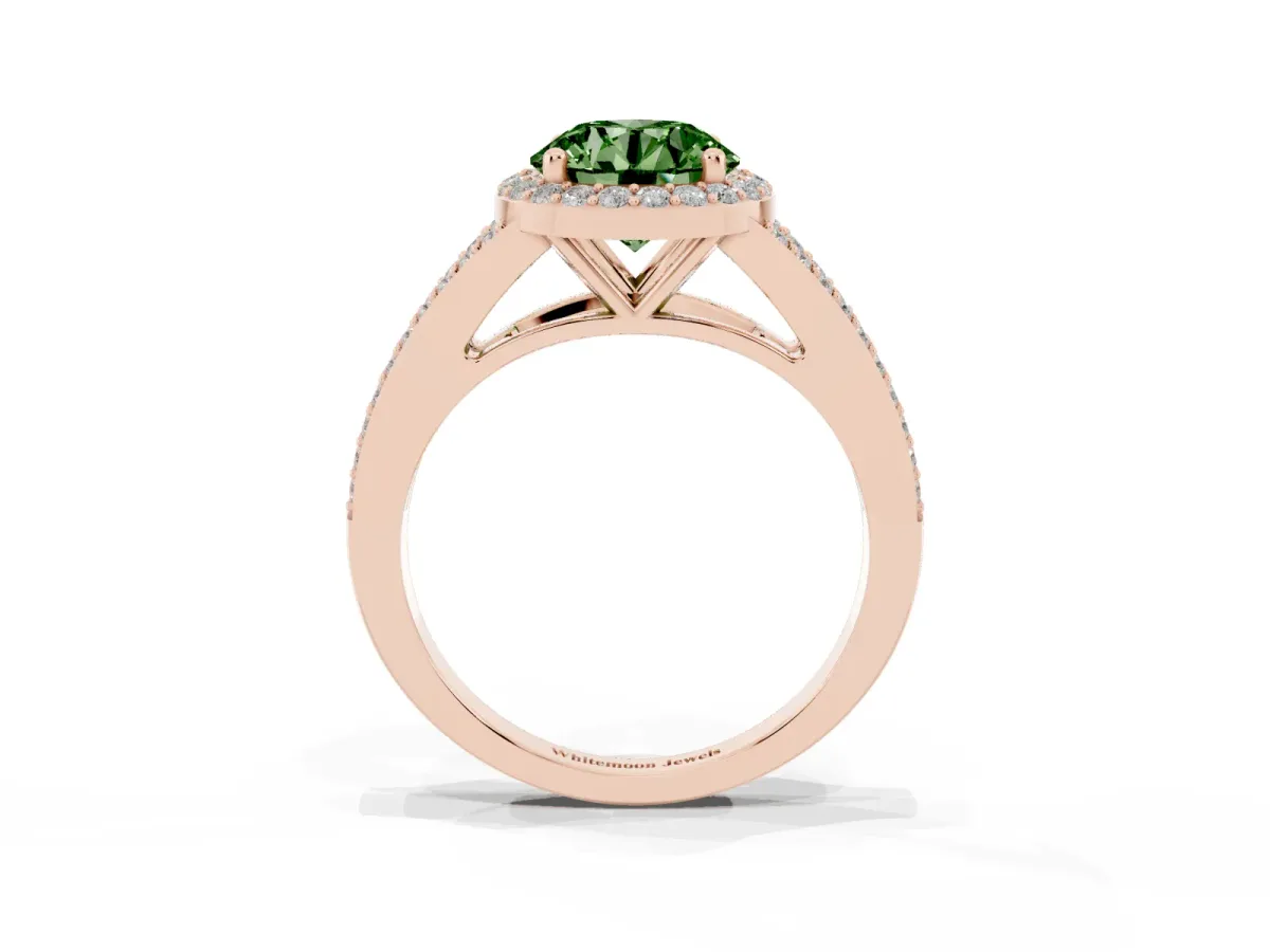 Fancy Green Round Cut Halo Split Shank Pave Diamond Ring with Four-Prong Setting Rose gold