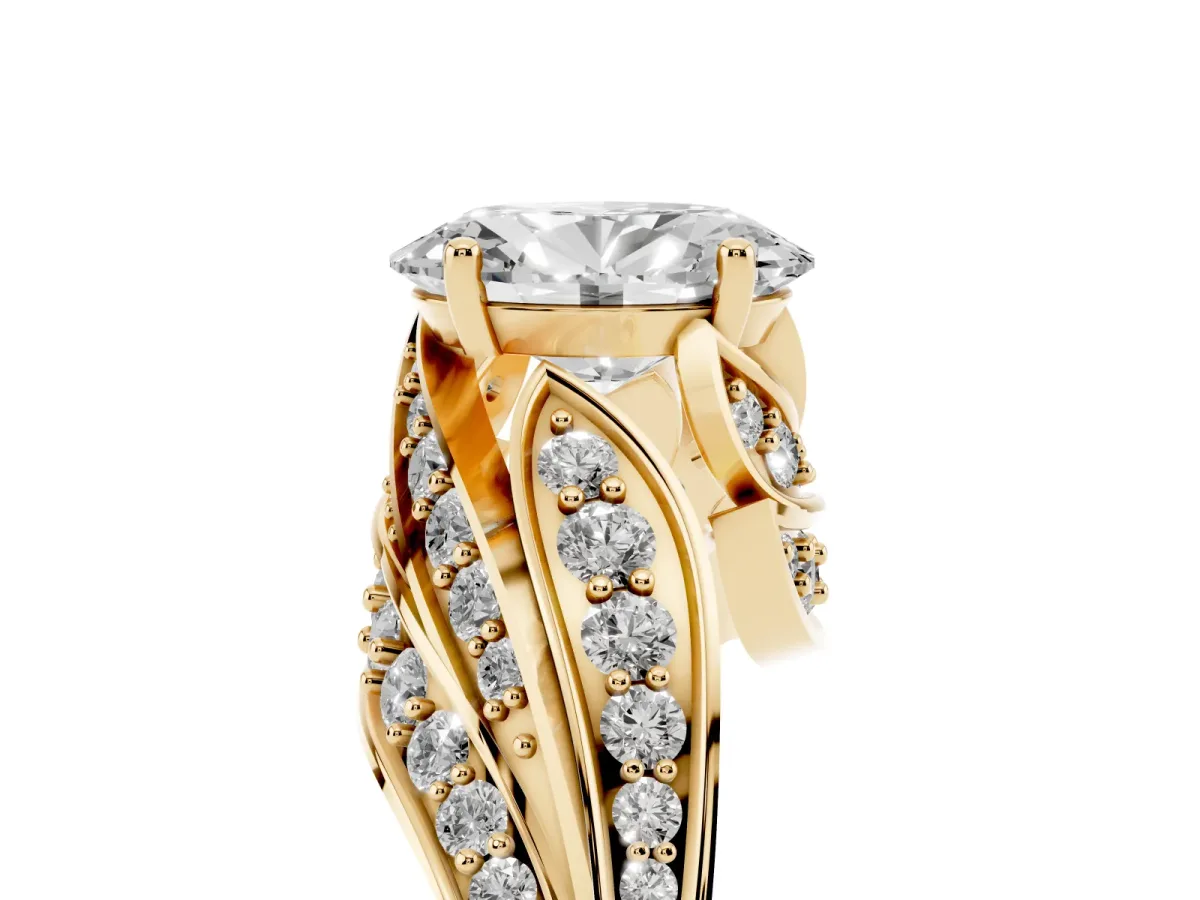 Oval Cut Diamond Solitaire Ring with Prong Setting and Twisted Pavé Band Yellow gold