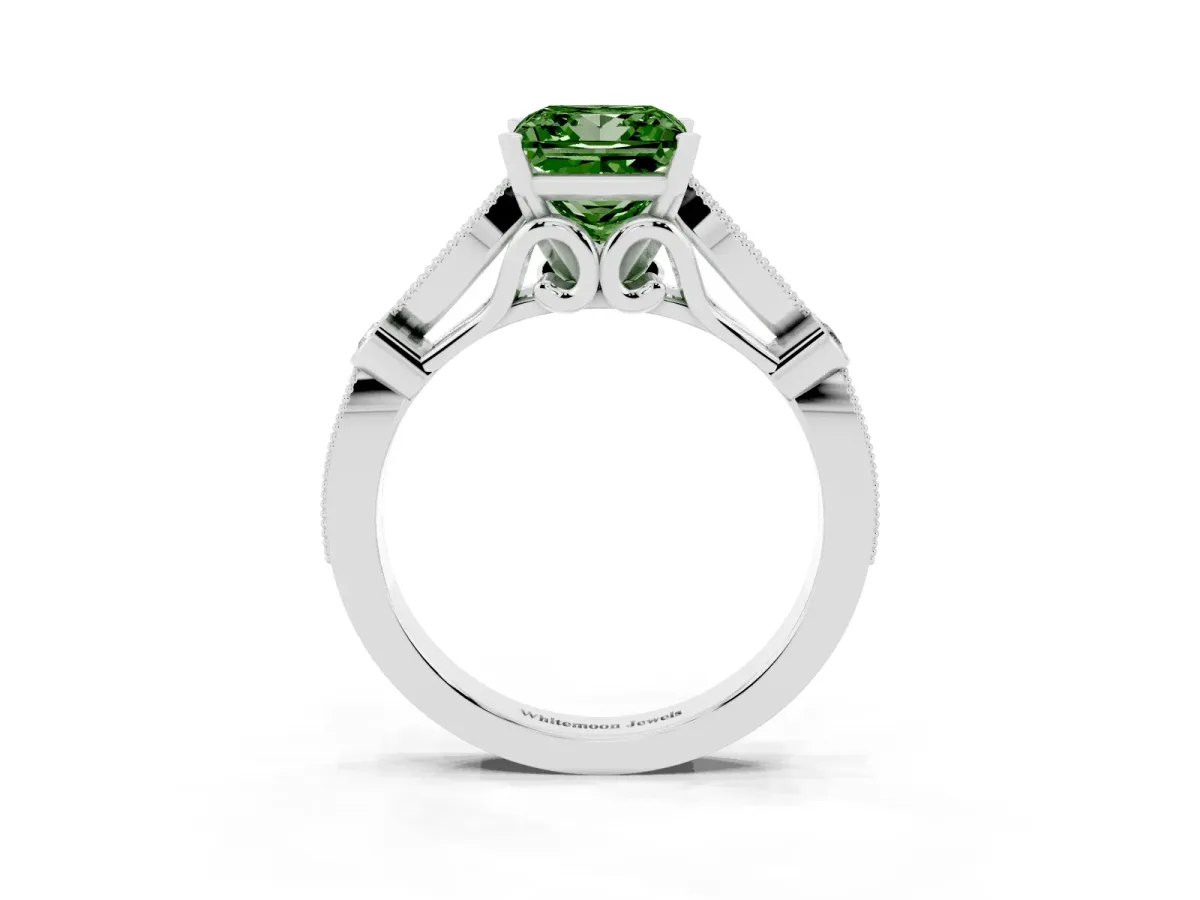 Fancy Green Princess Cut Cut Diamond with Milgrain Marquise and Bezel Accents on a Solitaire Band with Prong Setting White gold