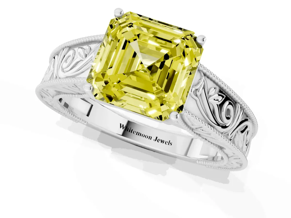 Fancy Yellow Asscher Cut Diamond Solitaire Ring with Engraved Band and Four-Prong Setting Platinum