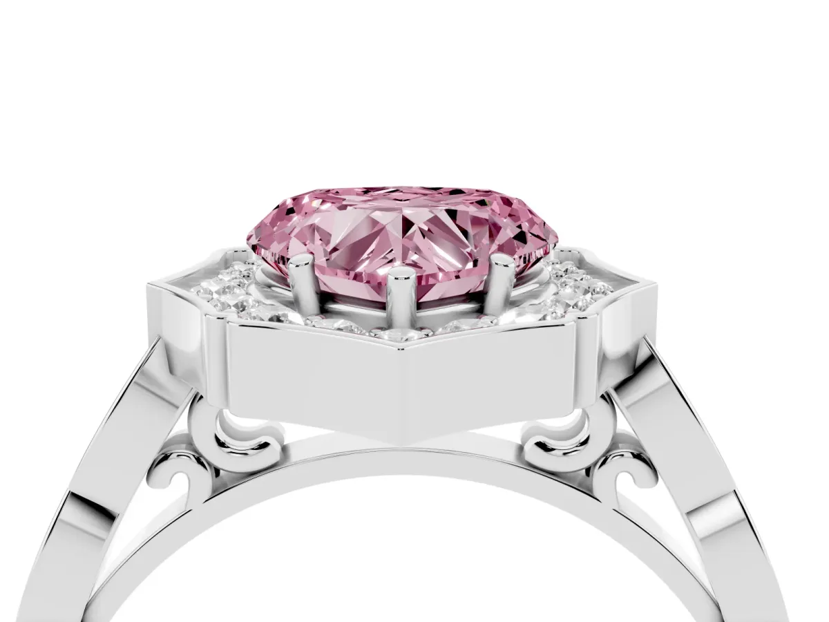 Fancy Pink Heart Cut Halo Diamond Engagement Ring with Milgrain Band and Four-Prong Setting Platinum