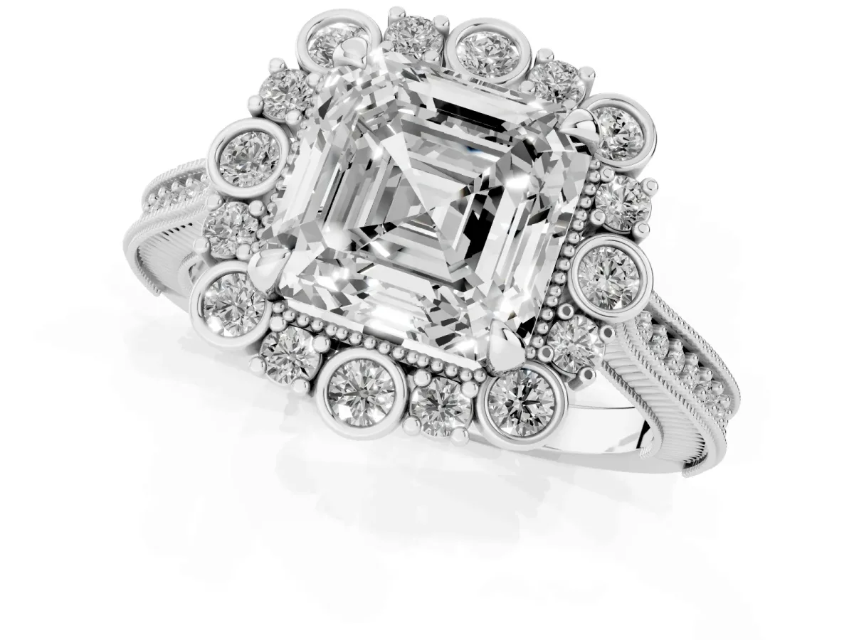 Asscher Cut Halo Milgrain Pave Diamond Ring with Four-Prong Setting Silver