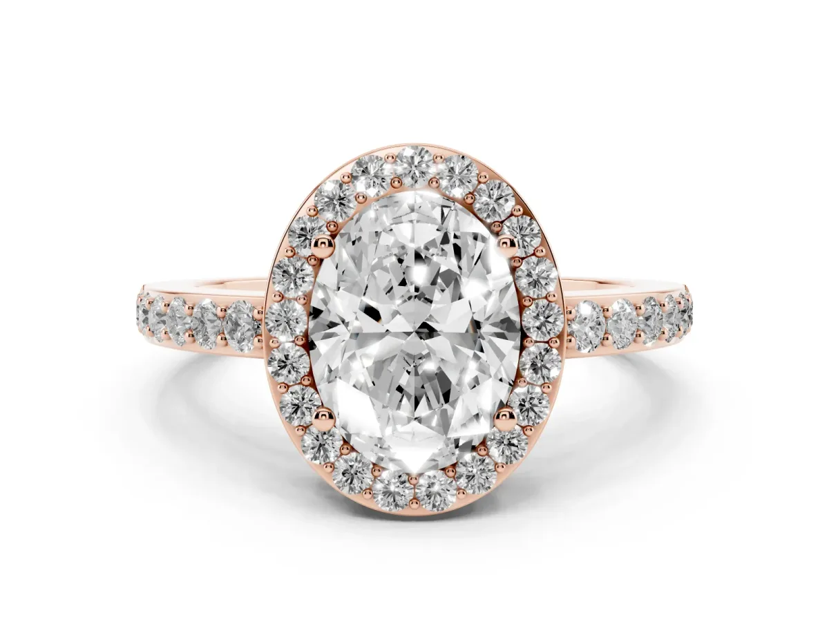 Oval Cut Halo Diamond Pavé Band Ring with Prong Setting Rose gold