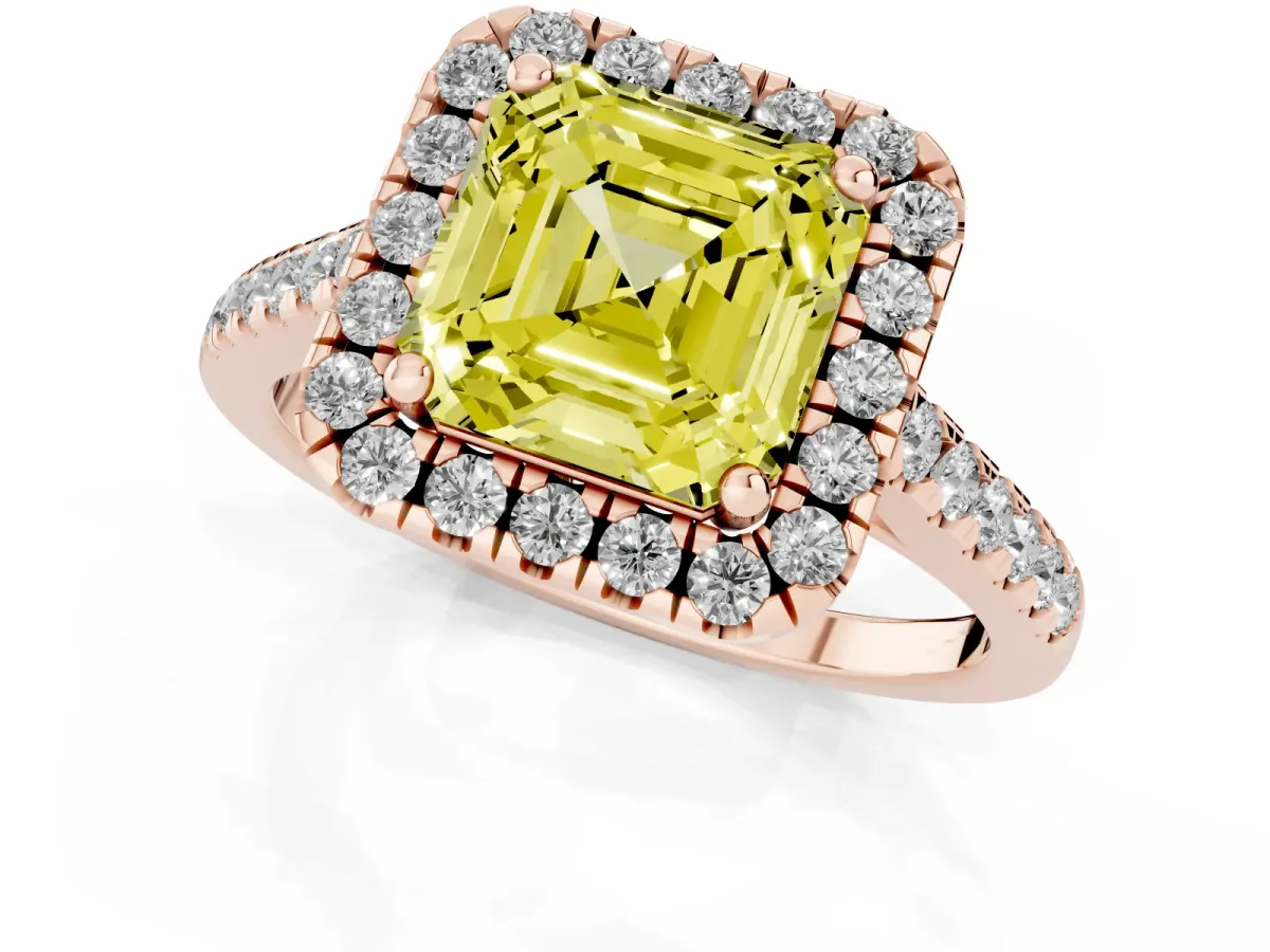 Fancy Yellow Asscher Cut Halo Pavé Diamond Engagement Ring with Four-Prong Setting Rose gold
