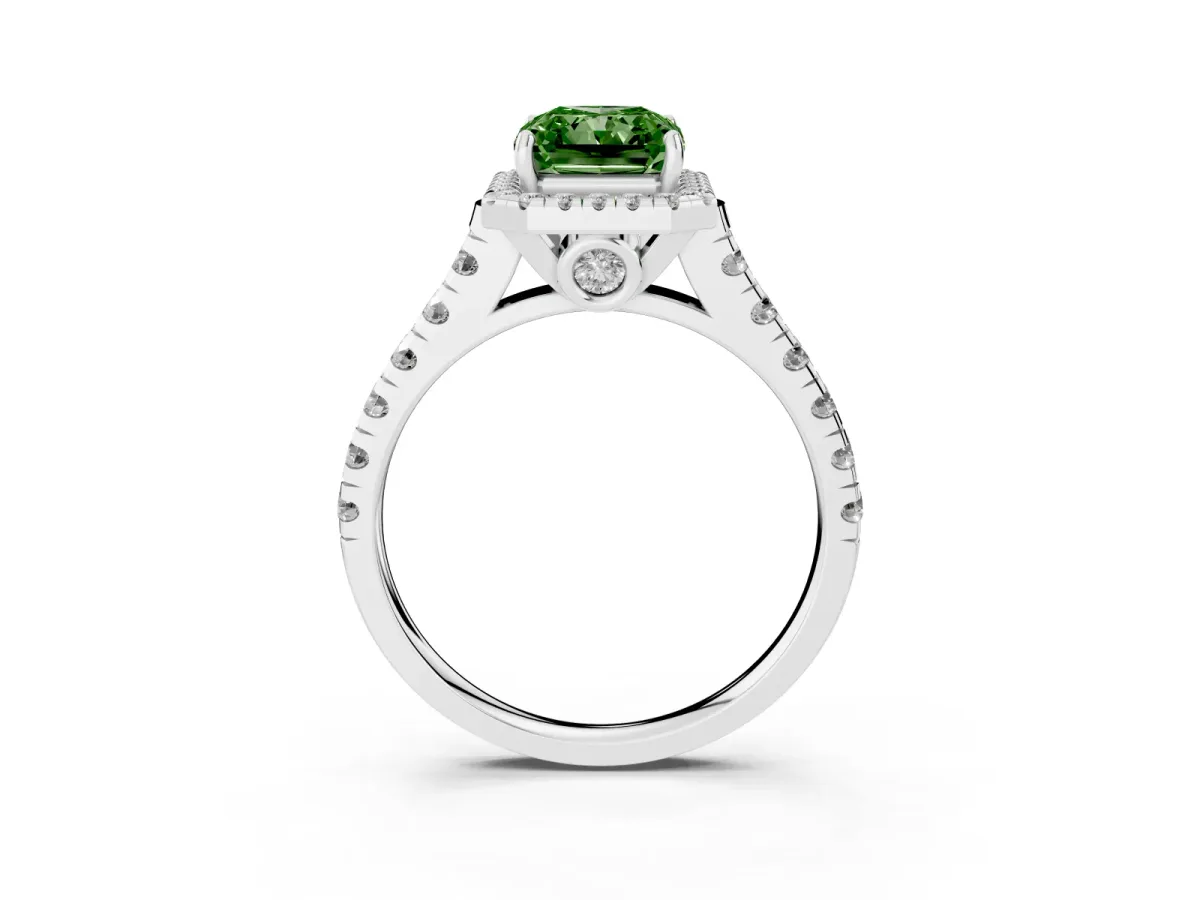 Fancy Green Radiant Cut Halo Pavé Diamond Engagement Ring with Four-Prong Setting Platinum