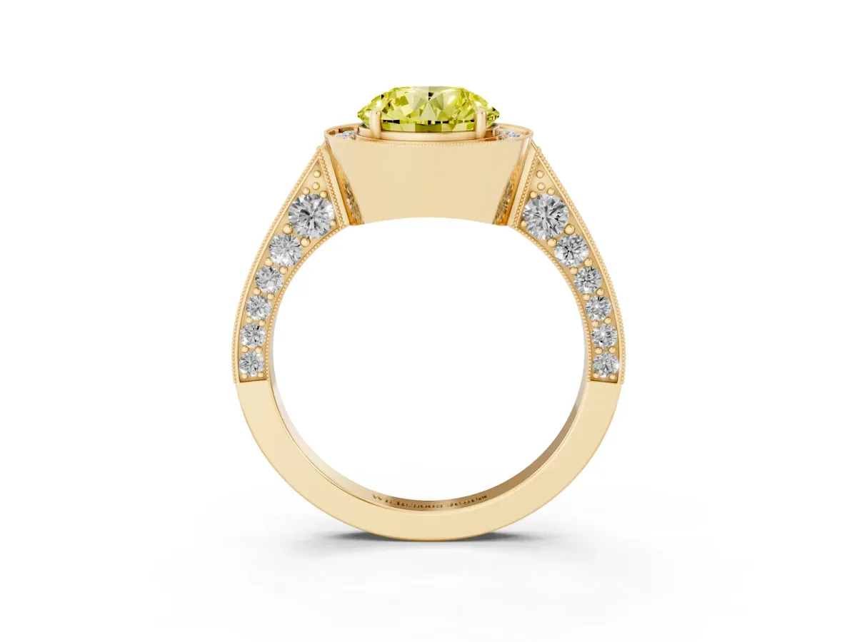 Fancy Yellow Round Cut Halo Diamond Engagement Ring with Split Shank Band and Four-Prong Setting Yellow gold
