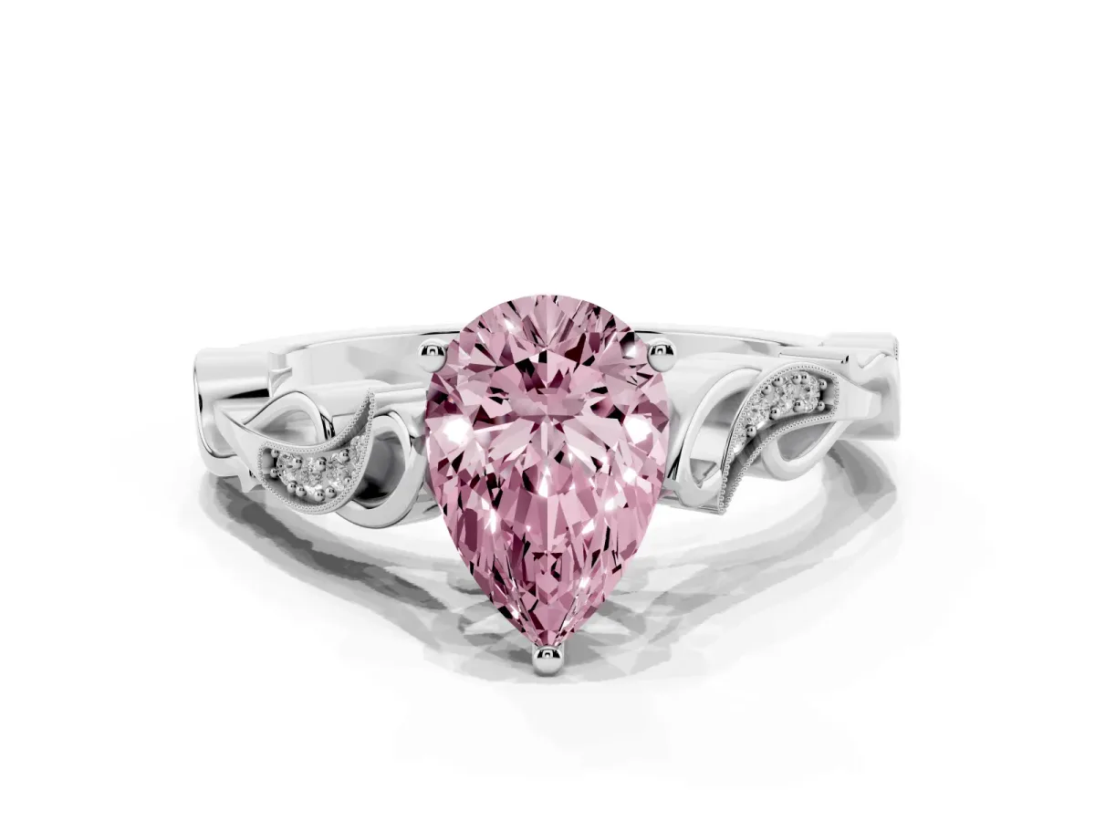Fancy Pink Pear Cut Solitaire Vine Band with Milgrain Prong Setting Silver
