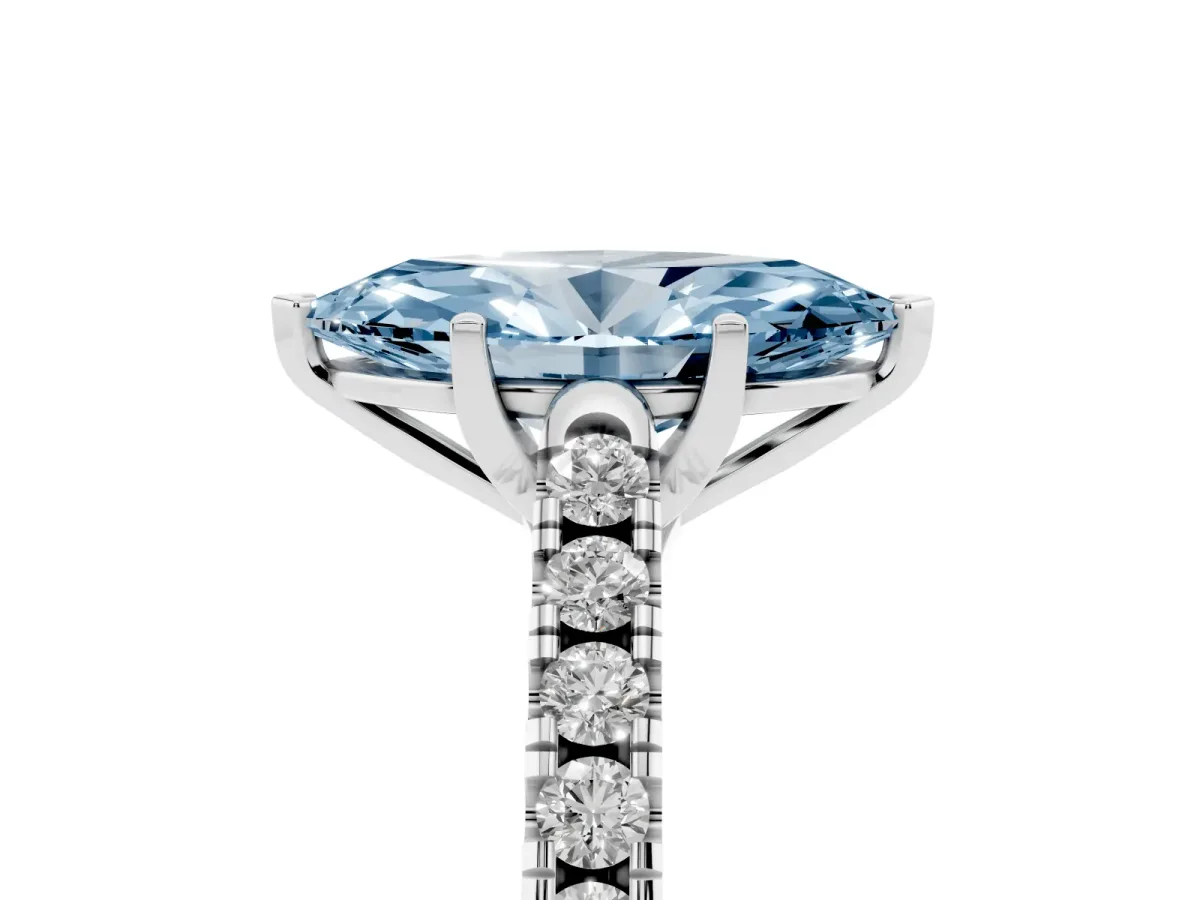 Fancy Blue Marquise Cut Diamond Pavé Band Solitaire Ring with Prong Setting Silver