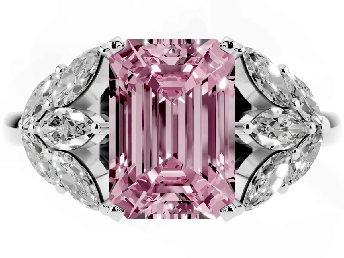 Fancy Pink Emerald Cut Diamond Cluster Leaf Design Ring with Prong Setting Platinum
