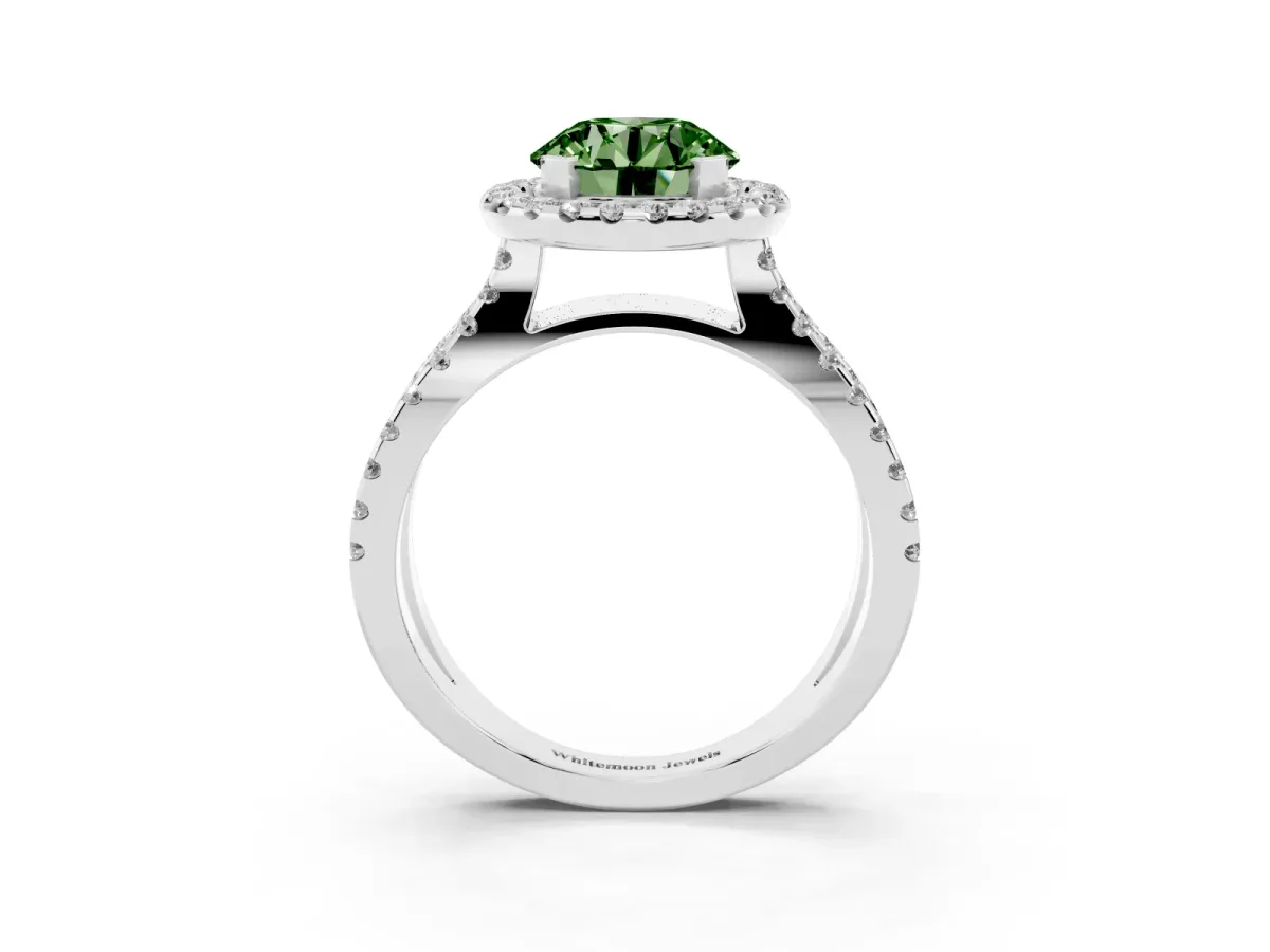 Fancy Green Round Cut Diamond Halo Ring with Split Shank Pavé Band and Prong Setting Silver