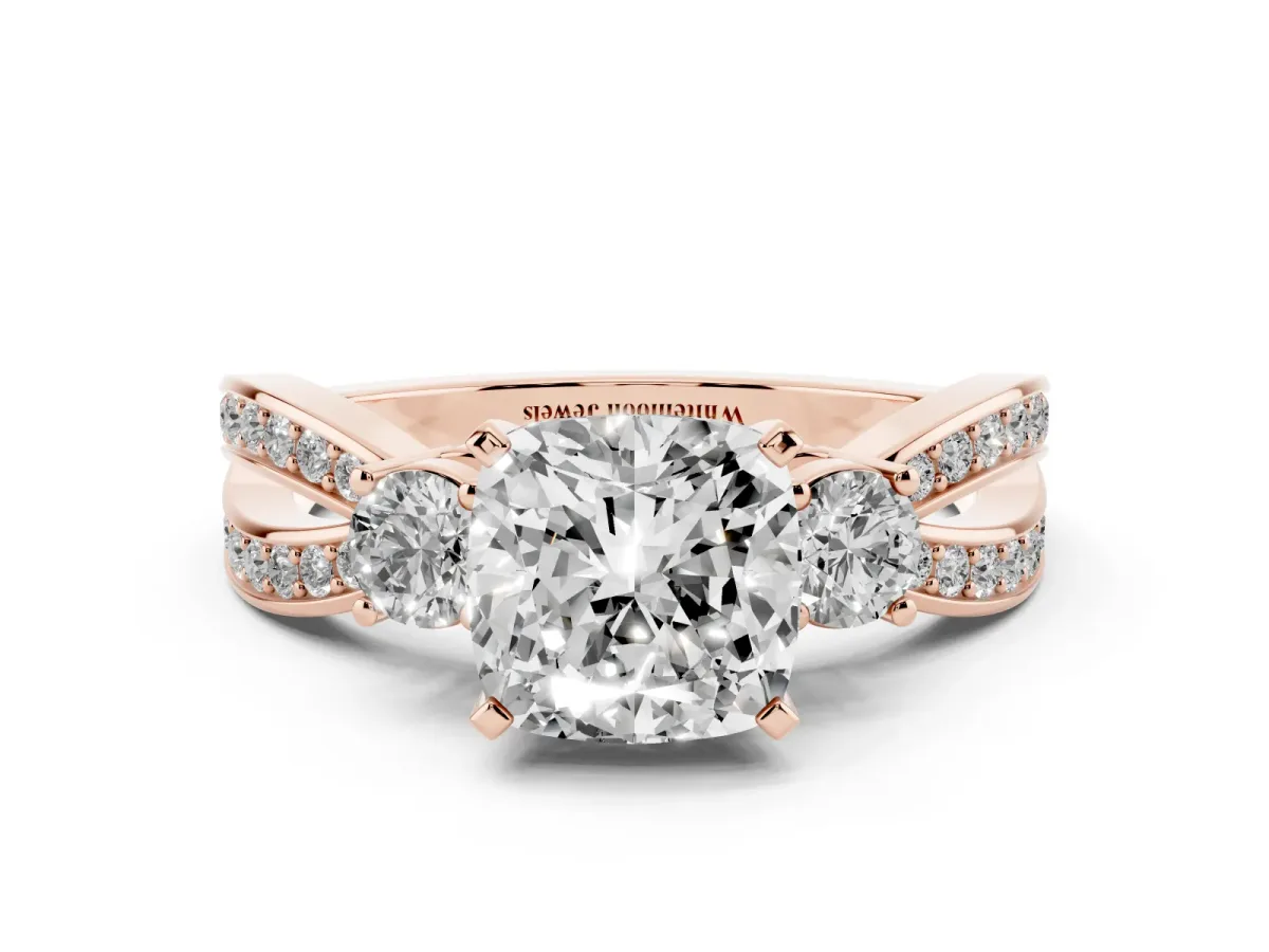 Three-Stone Cushion Cut Cut Diamond Twist Band with Prong Setting Rose gold
