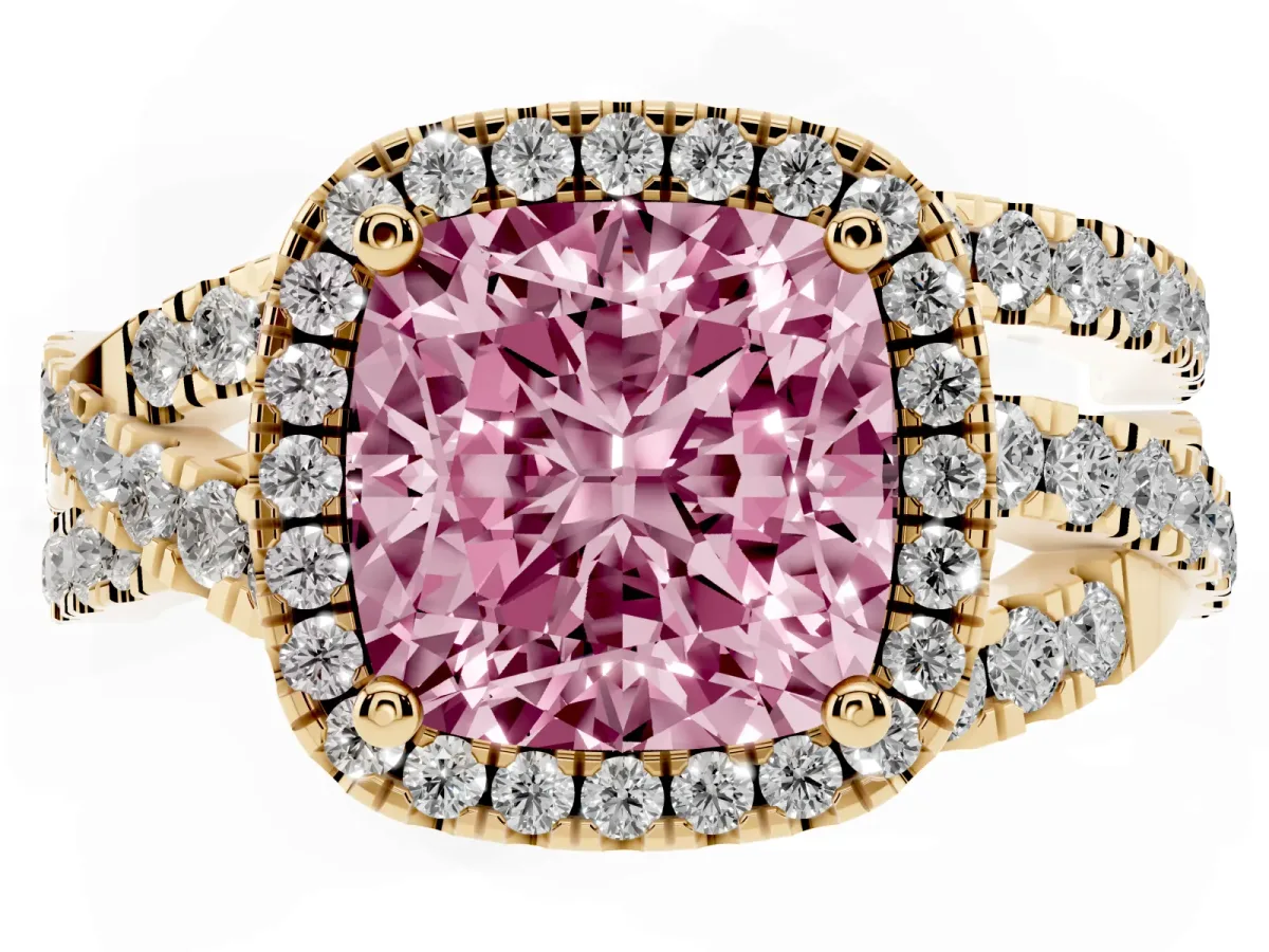 Fancy Pink Cushion Cut Diamond Halo Ring with Round Split Shank and Prong Setting Yellow gold